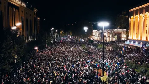 Shutterstock Hundreds of people demonstrating in the Georgian capital - massing on the street in the darkness with the parliament lit up to the side. Some EU flags are visible in the crowd