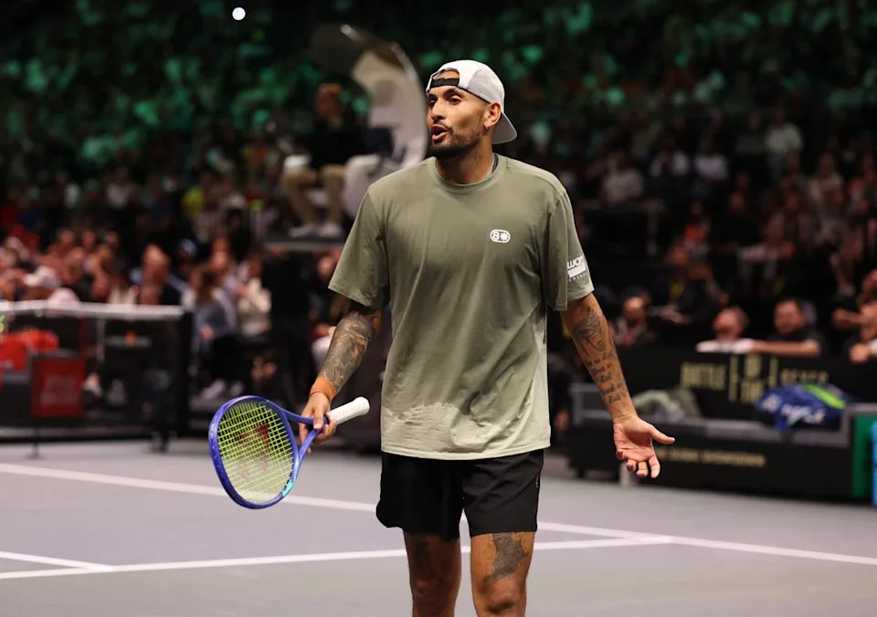 Nick Kyrgios gestures to the crowd (Amy Alfiky/POOL/PA Wire)
