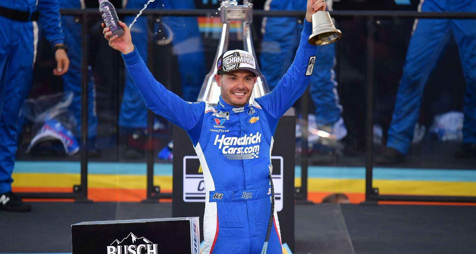 Nov 1, 2025; Avondale, Arizona, USA; Rick Hendrick with NASCAR Xfinity Series driver Corey Day (right) during the Xfinity Series Championship race at Phoenix Raceway