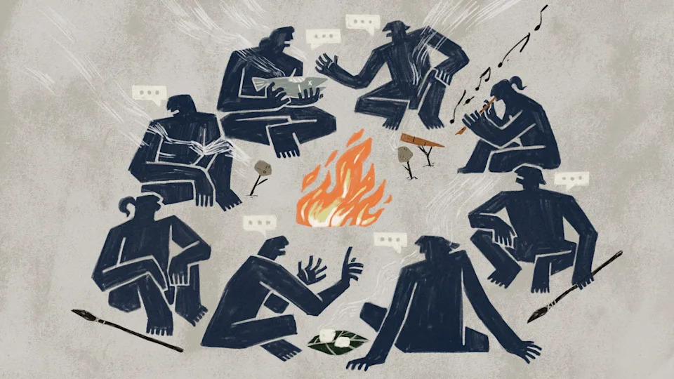 Stylized illustration of eight dark, abstract human figures seated in a circle around a central campfire. Each figure is shown in a different pose - talking, gesturing, listening, reading, or playing a flute - some with small speech bubbles floating near some of them. Objects like sticks, stones, leaves, and tools lie on the ground. The muted, textured background and rough brushstrokes give the scene a primitive feel.
