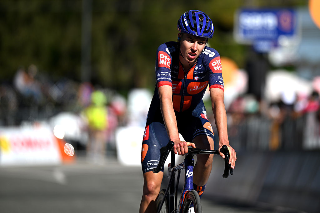 CHAMPOLUC, ITALY - MAY 30: Max Poole of Great Britain and Team Picnic PostNL crosses the finish line during the 108th Giro d&amp;apos;Italia 2025, Stage 19 a 166km stage from Biella to Champoluc 1574m / #UCIWT / on May 30, 2025 in Champoluc, Italy. (Photo by Dario Belingheri/Getty Images)