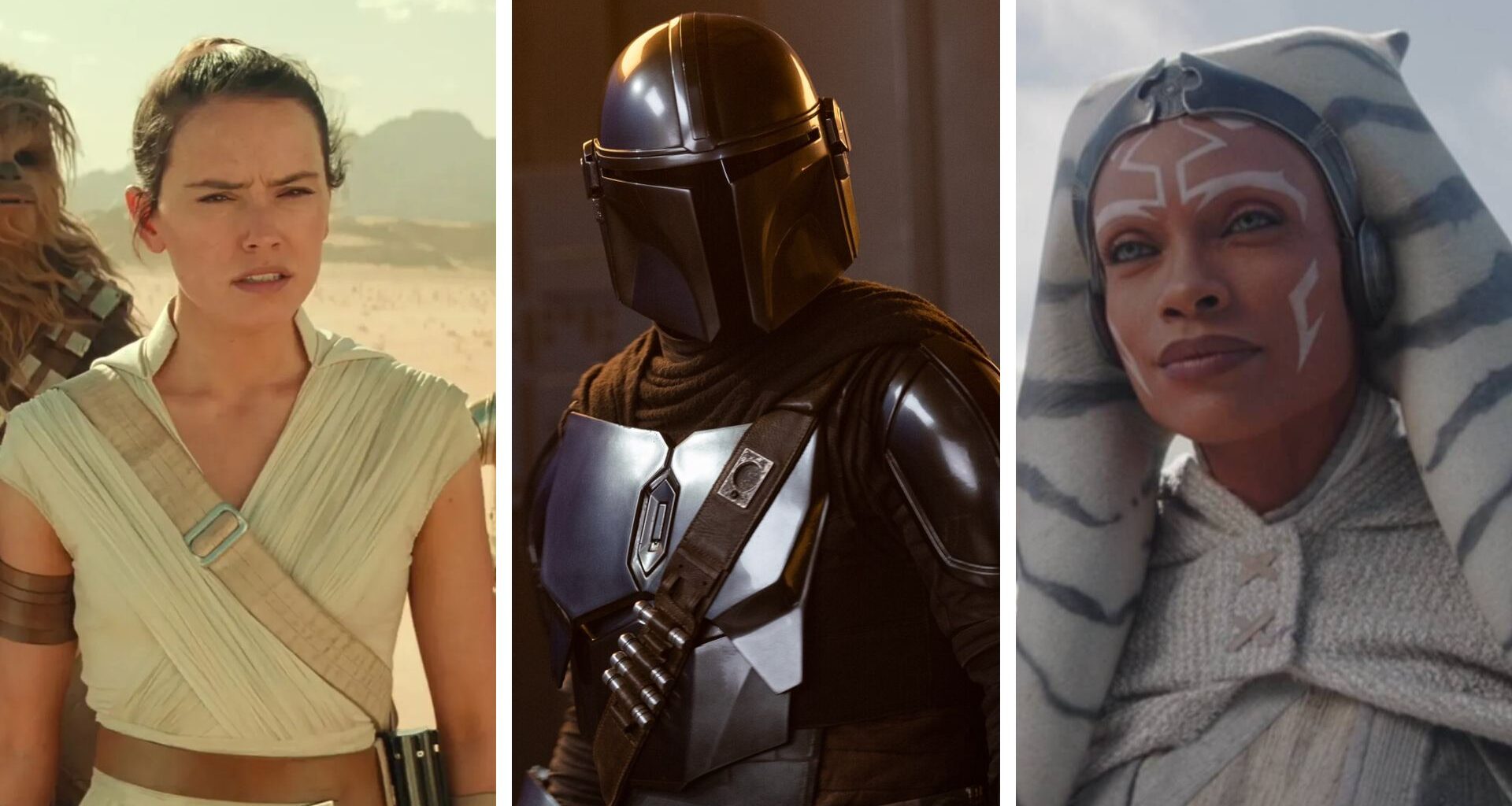 Split image showing three Disney era Star Wars projects: The Rise of Skywalker, The Mandalorian, and Ahsoka