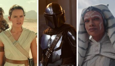 Split image showing three Disney era Star Wars projects: The Rise of Skywalker, The Mandalorian, and Ahsoka