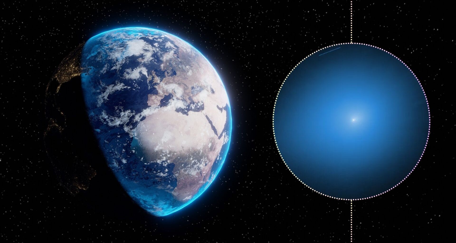 Interstellat comet 3I/ATLAS on the right glows white and surrounded by a blue haze. on the left is an image of Earth from space.