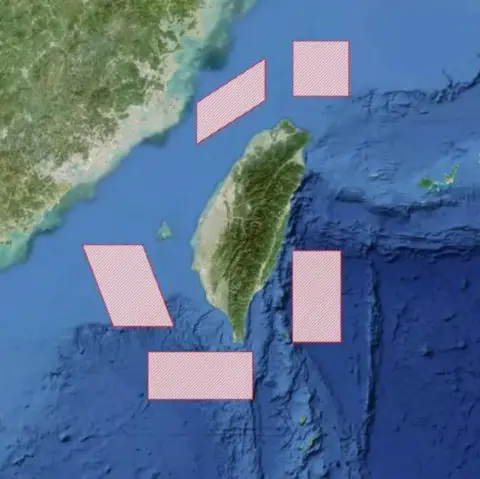 CCTV Map of area around Taiwan with red blocks showing military positions surrounding the main island