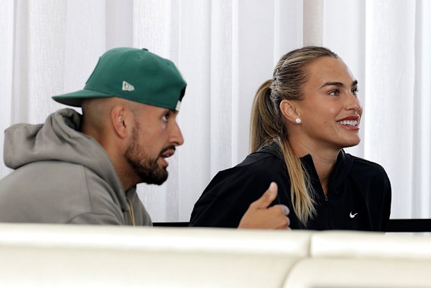 Aryna Sabalenka and Nick Kyrgios look on ahead of a press conference prior to the Battle of the Sexes.