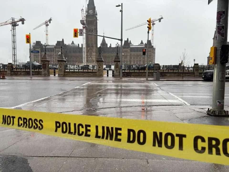 A view of Parliament Hill from the south side of Wellington Street during a security-related incident in East Block.