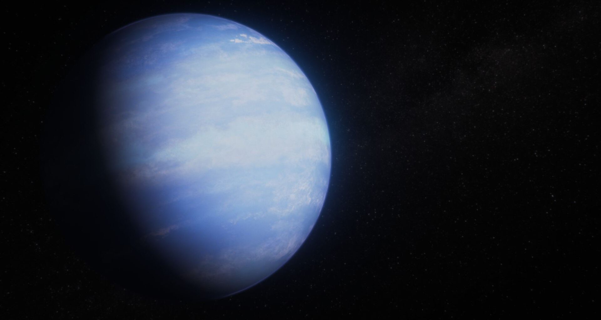 An illustration of a blue exoplanet with white stripes across it in the darkness of space