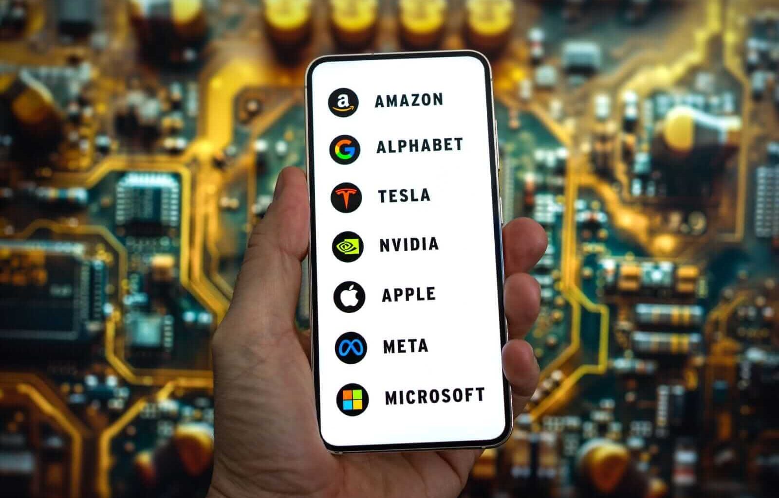 A hand holding a smartphone with the logos for Magnificent 7 companies_ Image by gguy via Shutterstock_