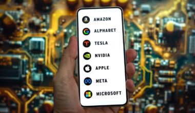 A hand holding a smartphone with the logos for Magnificent 7 companies_ Image by gguy via Shutterstock_