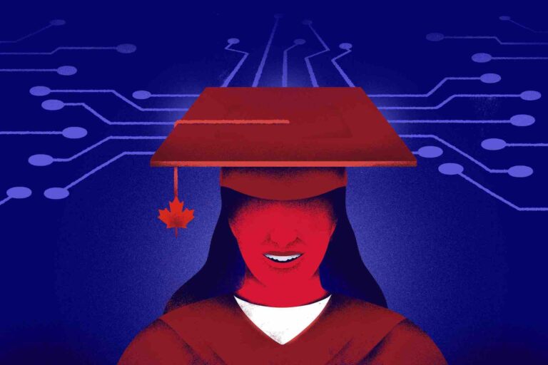 An illustration of a person wearing a red graduation gown and a cap with a maple leaf tassel. It has a purple background.