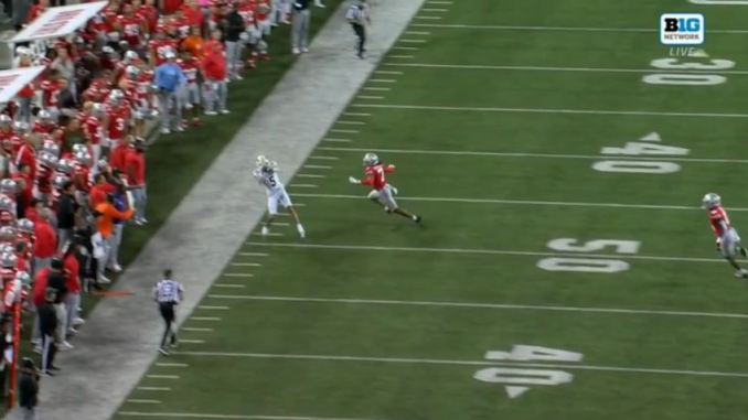 Anthony Sambucci catch vs Ohio State 2024 Anthony Sambucci making a catch for Western Michigan against Ohio State in 2024.