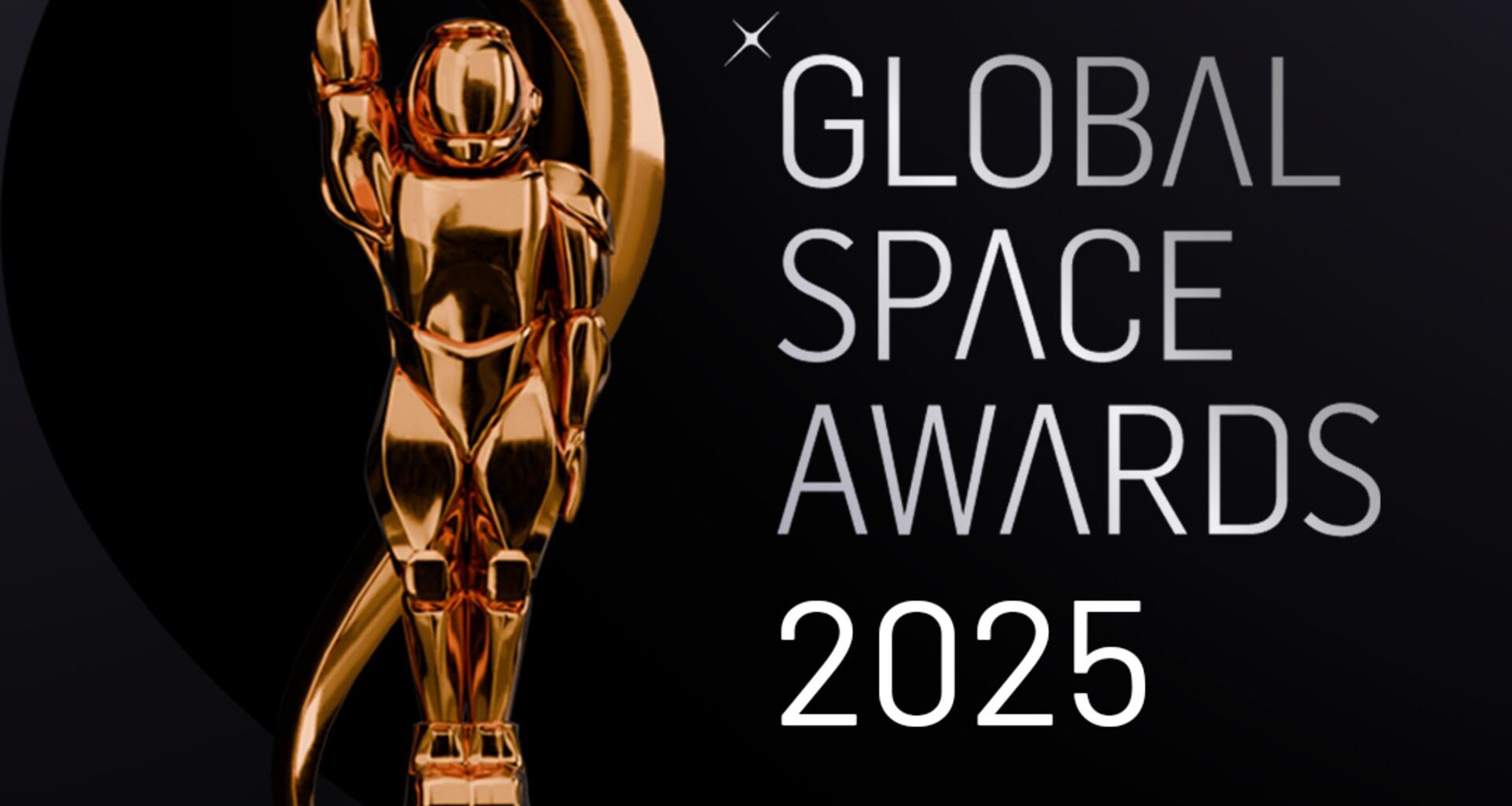 A golden astronaut trophy in front of a dark background with the words "Global Space Awards 2025" next to it on the right side in white
