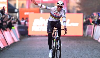 GAVERE, BELGIUM - DECEMBER 26: Mathieu Van Der Poel of Netherlands and Team Alpecin-Deceuninck celebrates at finish line as race winner during the 4th UCI Cyclo-cross World Cup Gavere 2025 - Men&amp;apos;s Elite on December 26, 2025 in Gavere, Belgium. (Photo by Luc Claessen/Getty Images)