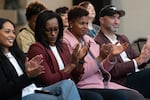 From left, Vice President of Portland Fire Ashley Battle and Karina LeBlanc, who helps support strategic growth development for the team, attend a press conference for the Portland Fire WNBA team at the Multnomah Athletic Club in Portland, Ore., on Tuesday, Oct. 28, 2025. LeBlanc is the former coach of the Portland Thorns and attended the conference introducing the team's new head coach Alex Sarama.