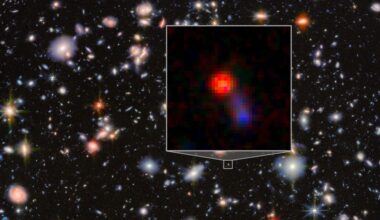 A James Webb Space Telescope image of thousands of galaxies, with the "Jekyll and Hyde" galaxy Virgil highlighted in a box.