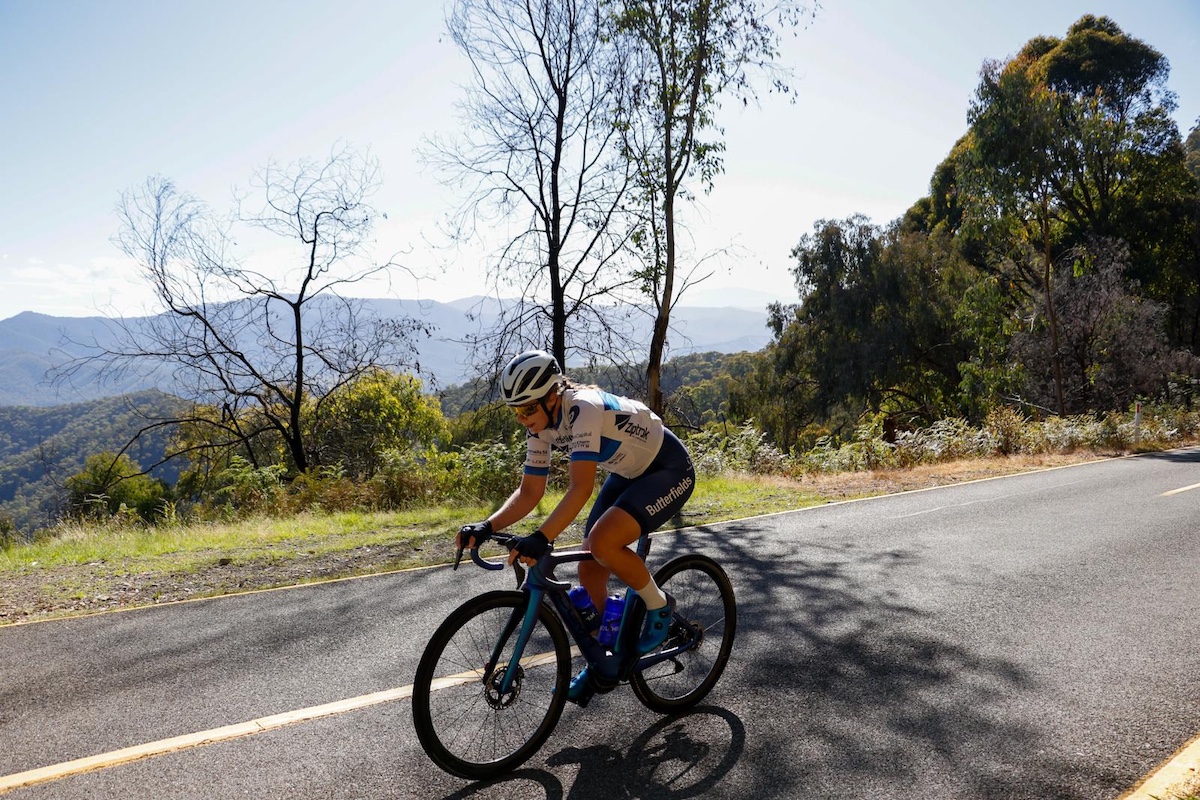 Katelyn Nicholson (Butterfields Ziptrak) going solo on the Mt Buffalo climb