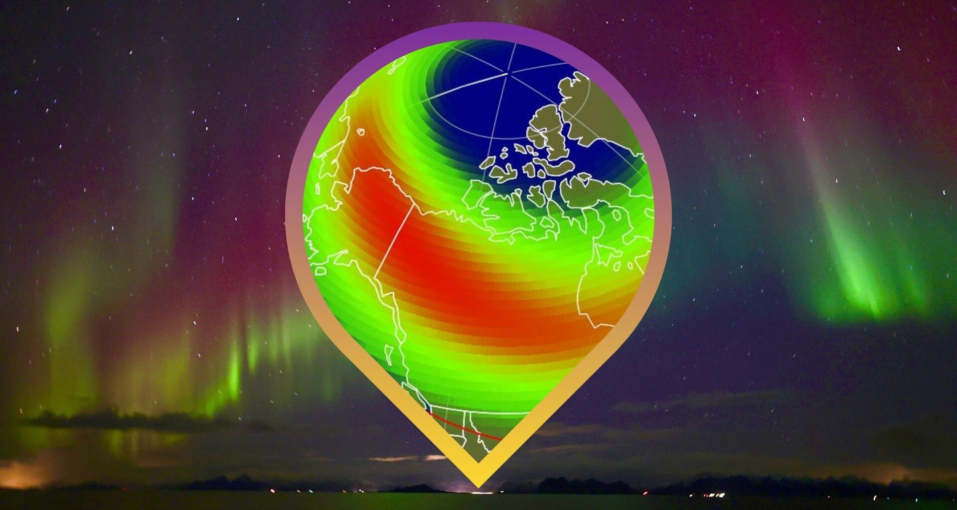 image of a location marker with a map inside showing where the northern lights might be visible acorss the US tonight and in the background auroras stretch across the starry sky.