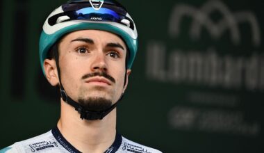 Bahrain Victorious&rsquo;s French rider Lenny Martinez looks on from the sign-in podium ahead of the 119th edition of the Giro di Lombardia (Tour of Lombardy), a 238km cycling race from Como to Bergamo on October 11, 2025. (Photo by Marco BERTORELLO / AFP)