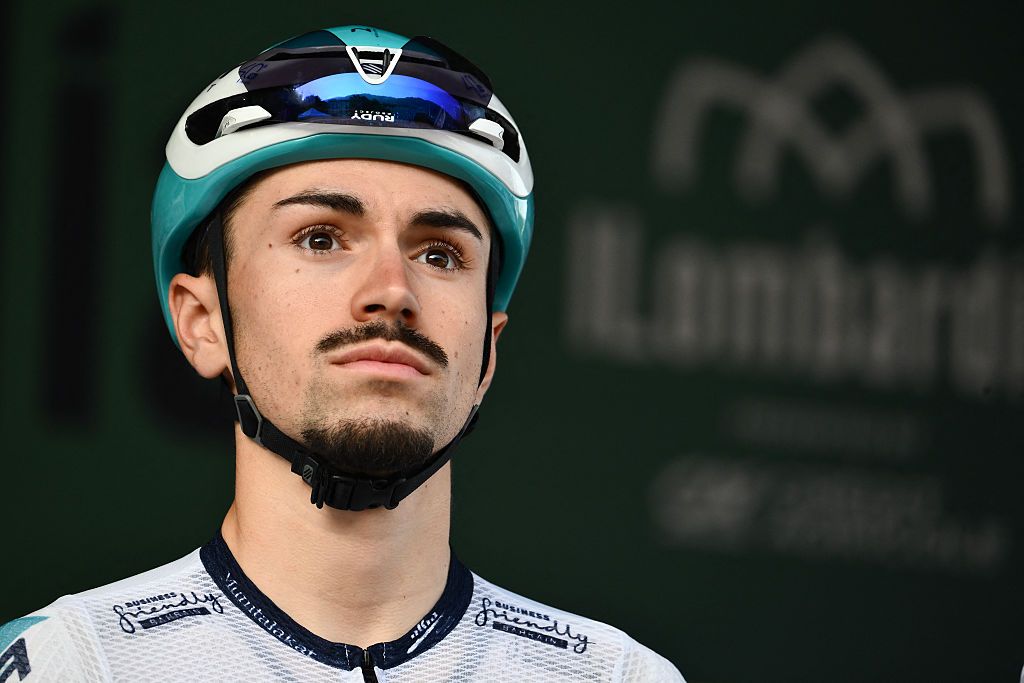 Bahrain Victorious&rsquo;s French rider Lenny Martinez looks on from the sign-in podium ahead of the 119th edition of the Giro di Lombardia (Tour of Lombardy), a 238km cycling race from Como to Bergamo on October 11, 2025. (Photo by Marco BERTORELLO / AFP)
