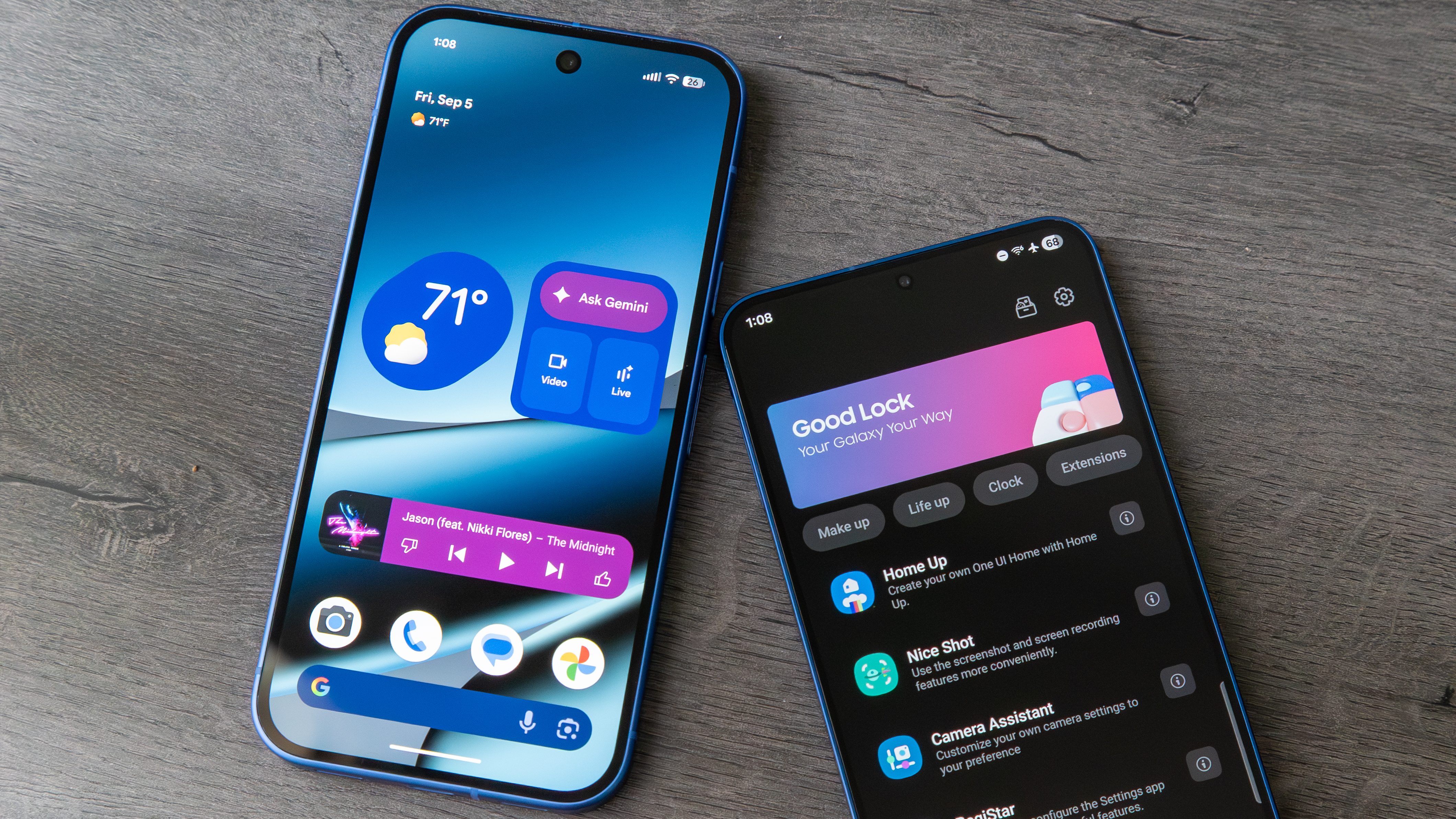 Pixel 10 next to the Galaxy S25 Plus with Google Lock open