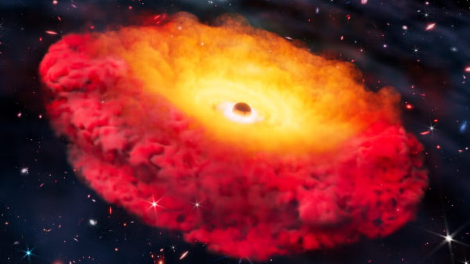 A black hole with a giant reddish golden cloud around it sits in the darkness of space