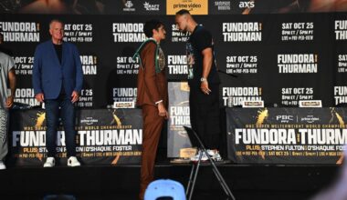 Sebastian Fundora and Keith Thurman face off during a press conference ahead of their WBC junior middleweight title fight, with the bout’s rescheduled date still undecided.