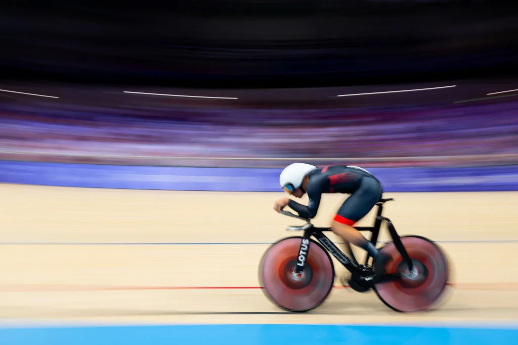 Archie Atkinson during qualifying for the C4 individual pursuit at the 2024 Paralympic Games