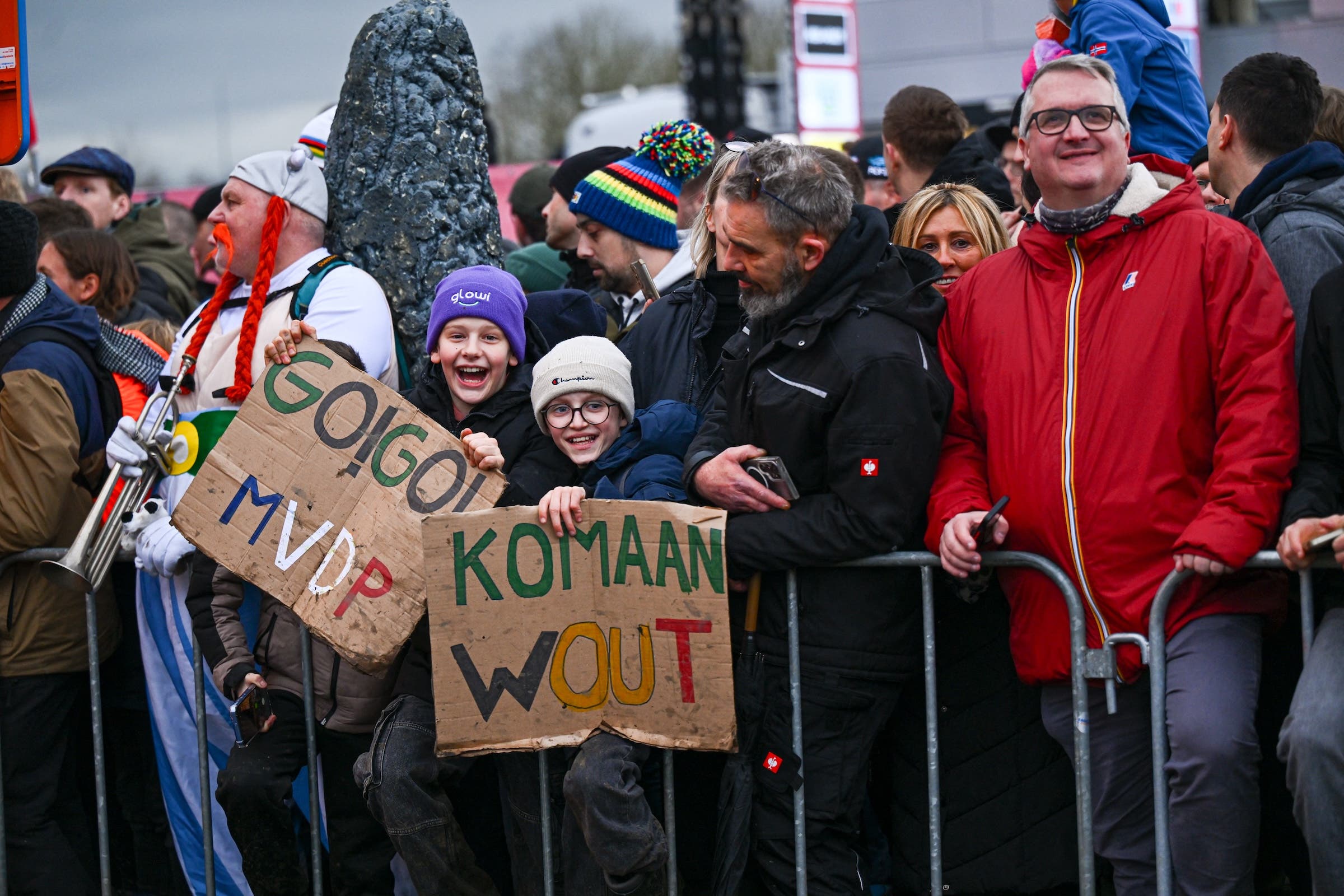 Fans of Dutch Mathieu Van Der Poel and Belgian Wout van Aert pictured at the men's elite race at the World Cup cyclocross cycling event in Maasmechelen, Belgium, stage 11 (out of 12) of the UCI World Cup cyclocross competition, Saturday 25 January 2025. (Photo: Luc Claessen / Belga Mag via AFP)