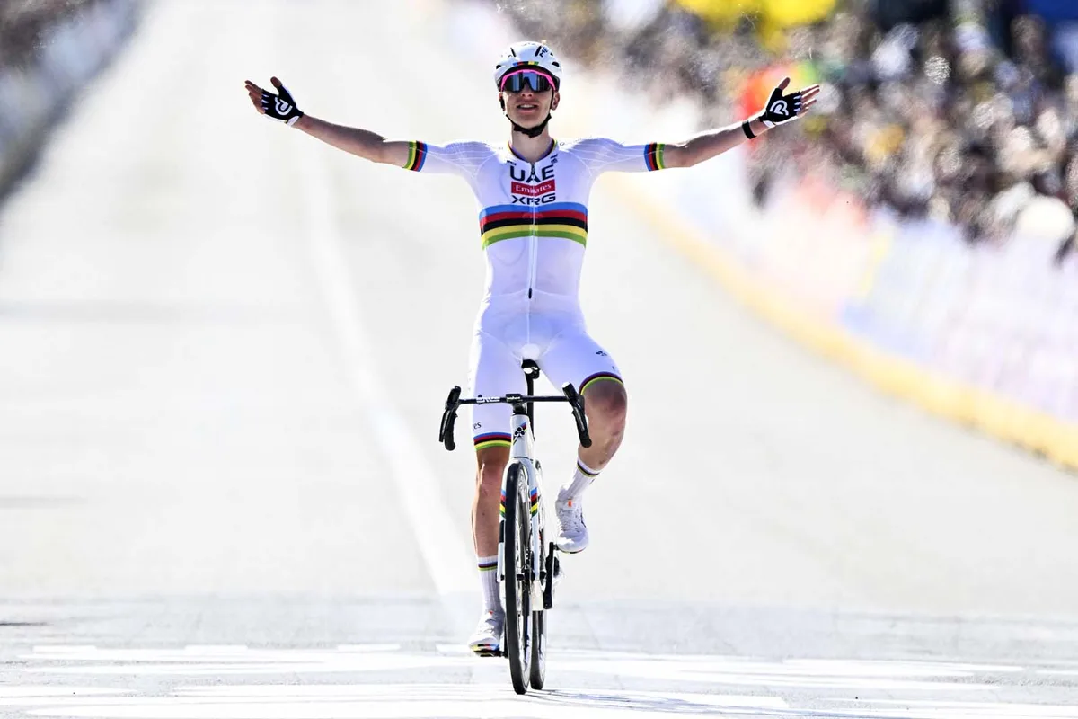 Tadej Pogacar of UAE Team Emirates celebrates after winning the men's race of the Tour of Flanders one day cycling race.