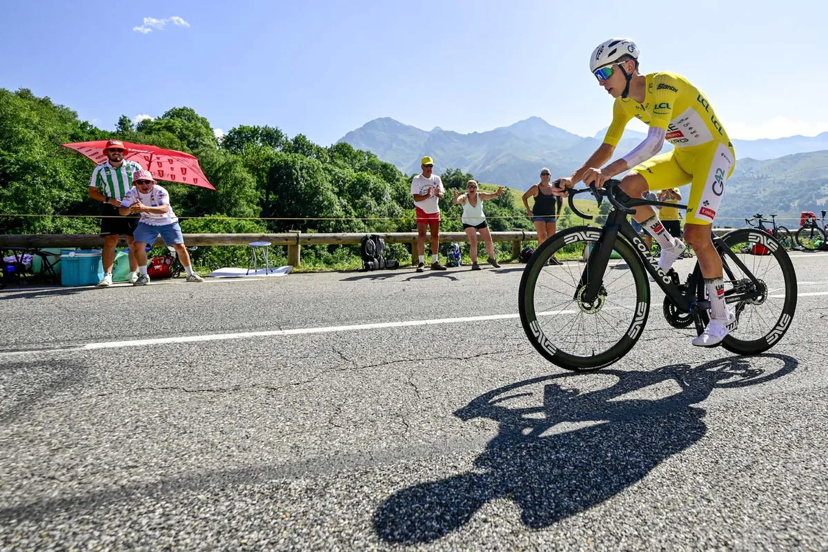 Tadej Pogacar of UAE Team Emirates pictured in action during stage 13 of the 2025 Tour de France cycling race, an 11km individual time trial.
