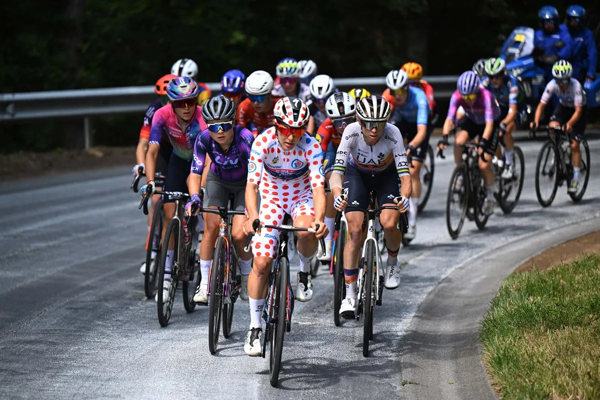 Elise Chabbey of Switzerland and Team FDJ - SUEZ - Polka Dot Mountain Jersey at5 the Tour de France Femmes.