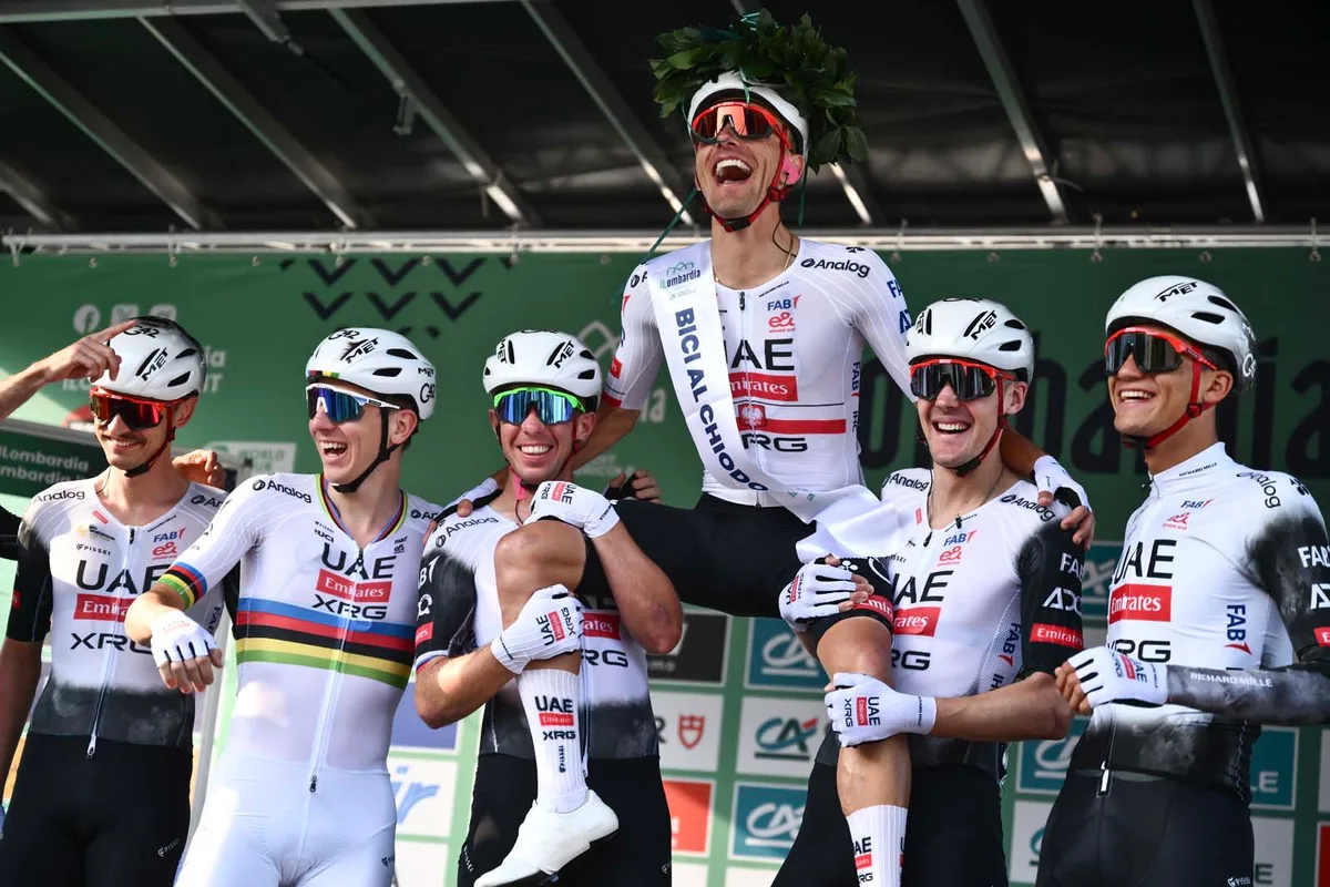 UAE Team Emirates's celebrate at Il Lombardia cycling race 2025.