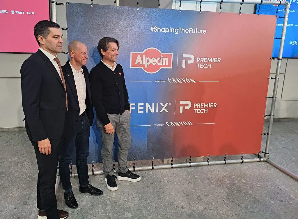 Alpecin-Deceuninck team manager Philip Roodhooft, Premier Tech CEO Jean Belanger and Alpecin-Deceuninck team manager Christoph Roodhooft pictured during a press conference of the Alpecin-Deceuninck and Alpecin-Fenix cycling team to announce their new sponsor Premier Tech, Friday 05 December 2025 in Antwerp. Premier Tech will replace Deceuninck as name sponsor of the Alpecin team from 2026. BELGA PHOTO TOON SACRE (Photo by TOON SACRE / BELGA MAG / Belga / AFP via Getty Images)