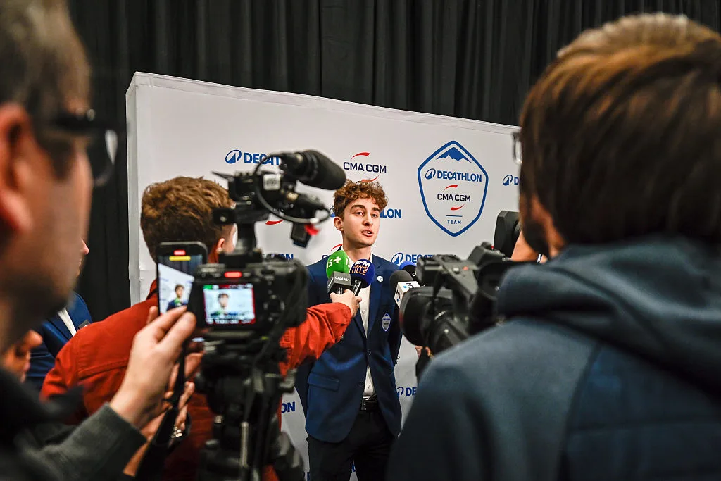 Young French rider Paul Seixas responds to the press after the team presentation of the DECATHLON - CMA CGM cycling team ahead of the coming 2026 season, in Villeneuve d'Ascq, France, on December 11, 2025. (Photo by Gautier Demouveaux/NurPhoto via Getty Images)