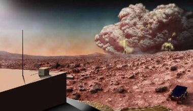 An illustration of a dust storm on Mars with lightning bolts discharging downward.