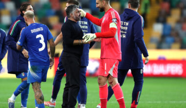 UDINE, ITALY - OCTOBER 14: Gennaro Gattuso, Head Coach of Italy, interacts with Gianluigi Donnarumma of Italy after the team