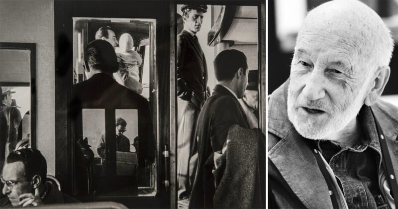 Black and white photo collage: on the left, people ride a bus or train, some standing, some seated, reflected in glass; on the right, an elderly man with a beard and jacket looks to the side, appearing in conversation.