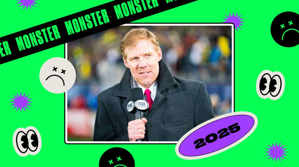 Rectangular photo of Alexi Lalas, a redheaded man in a coat and tie, holding a Fox microphone. The photo is set on a neon green background with various stickers layered on, including one that reads, "Monster" over and over; one that reads, "2025;" two pair of eyes; purple stars; and yuck faces.