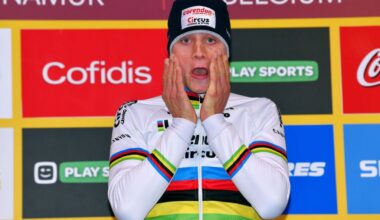 NAMUR, BELGIUM - DECEMBER 22: Podium / Mathieu Van Der Poel of The Netherlands and Team Corendon - Circus / Celebration / during the 11th Namur World Cup 2019 / @UCI_CX / #TelenetUCICXWC / on December 22, 2019 in Namur, Belgium. (Photo by Luc Claessen/Getty Images)