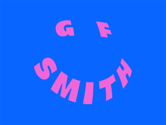 Pink bold text reading "G F SMITH" is arranged in a curved, smiling shape against a vibrant blue background.