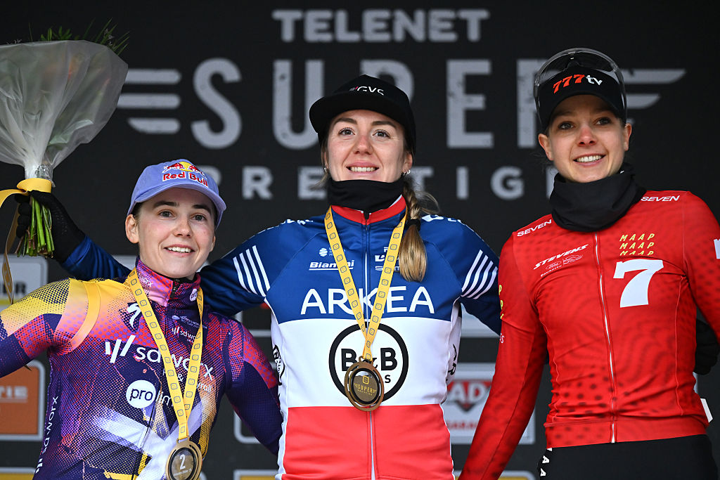 2025 Superprestige Heusden-Zolder women's podium, with winner Amandine Fouquenet as winner (centre)