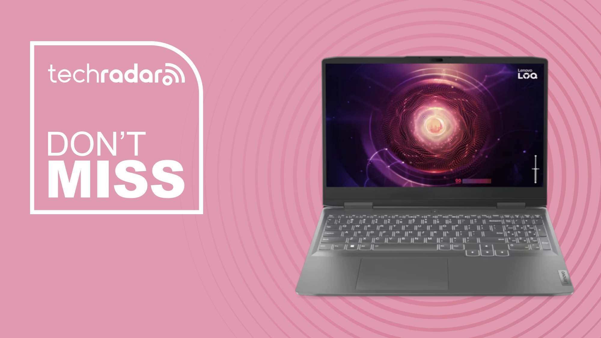 Lenovo LOQ gaming laptop on pink background with don't miss text overlay