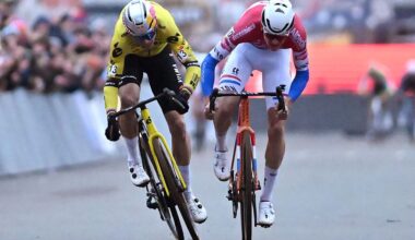 NAMUR, BELGIUM - DECEMBER 23: (L-R) Wout Van Aert of Belgium and Team Visma - Lease a Bike and race winner Tibor Del Grosso of Netherlands and Team Alpecin-Deceuninck sprint at finish line during the 21st Superprestige Heusden-Zolder 2025 - Men&amp;apos;s Elite on December 23, 2025 in Namur, Belgium. (Photo by Luc Claessen/Getty Images)