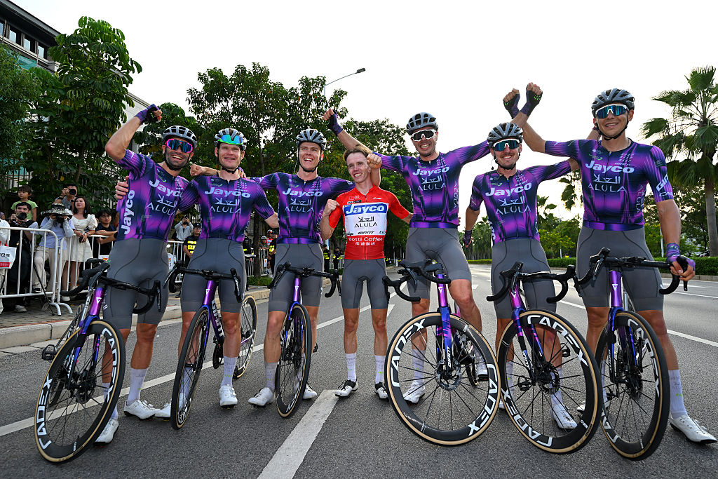 NANNING, CHINA - OCTOBER 19: Alan Hatherly of South Africa, Robert Donaldson of Great Britain, Paul Double of Great Britain - Red Leader Jersey, Patrick Gamper of Austria, Luka Mezgec of Slovenia, Jasha Sutterlin of Germany, Max Walscheid of Germany and Team Jayco AlUla react after the 6th Gree-Tour Of Guangxi 2025, Stage 6 a 134.3km stage from Nanning to Nanning / #UCIWT / on October 19, 2025 in Nanning, China. (Photo by Tim de Waele/Getty Images)
