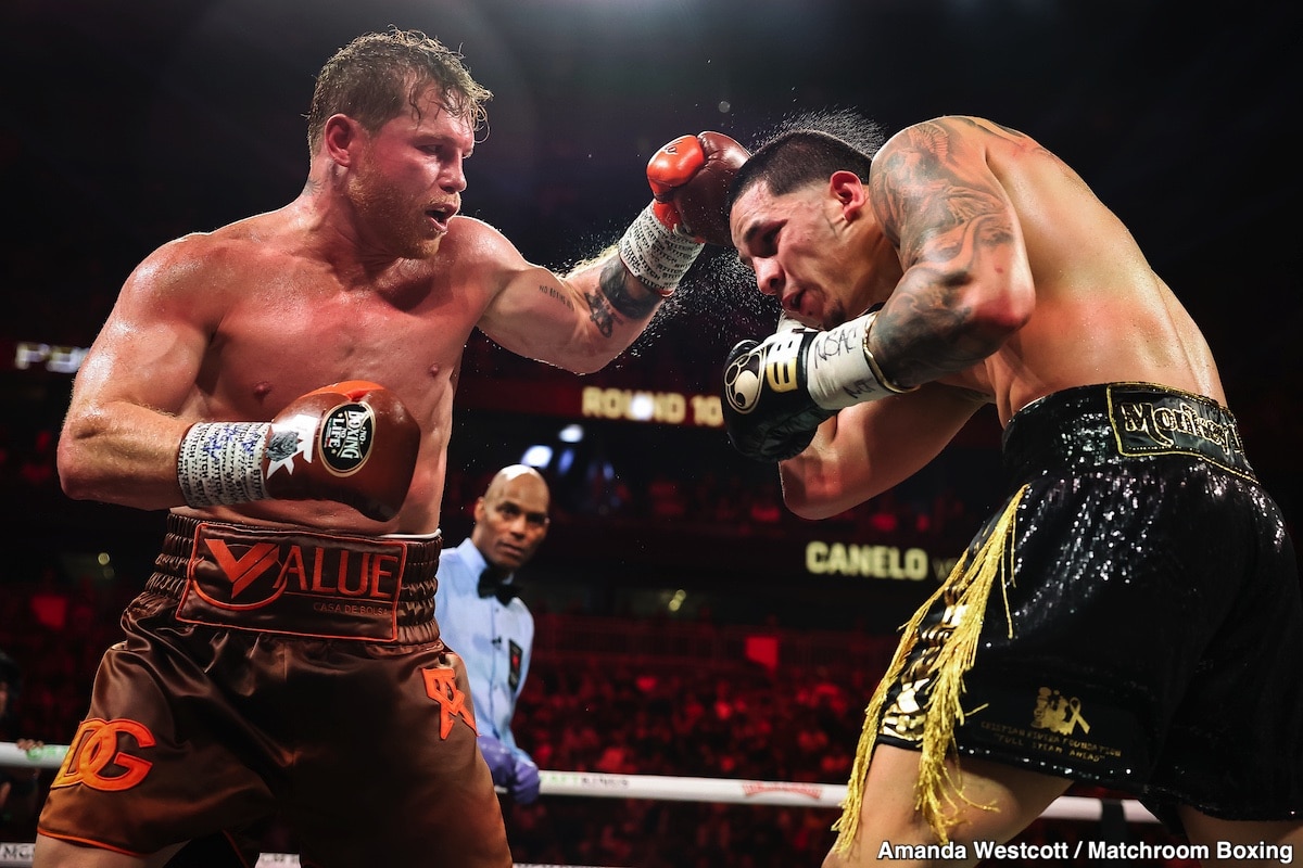 Canelo Álvarez lands a right hand on Edgar Berlanga during their super-middleweight bout on September 14, 2024, at T-Mobile Arena in Las Vegas.