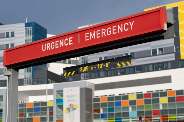 An emergency sign outside the McGill University Health Services (MUHC) hospital