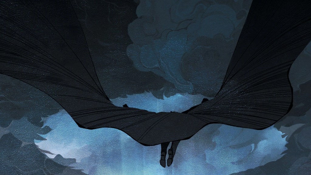 Batman flying through the sky with his cape unfurled
