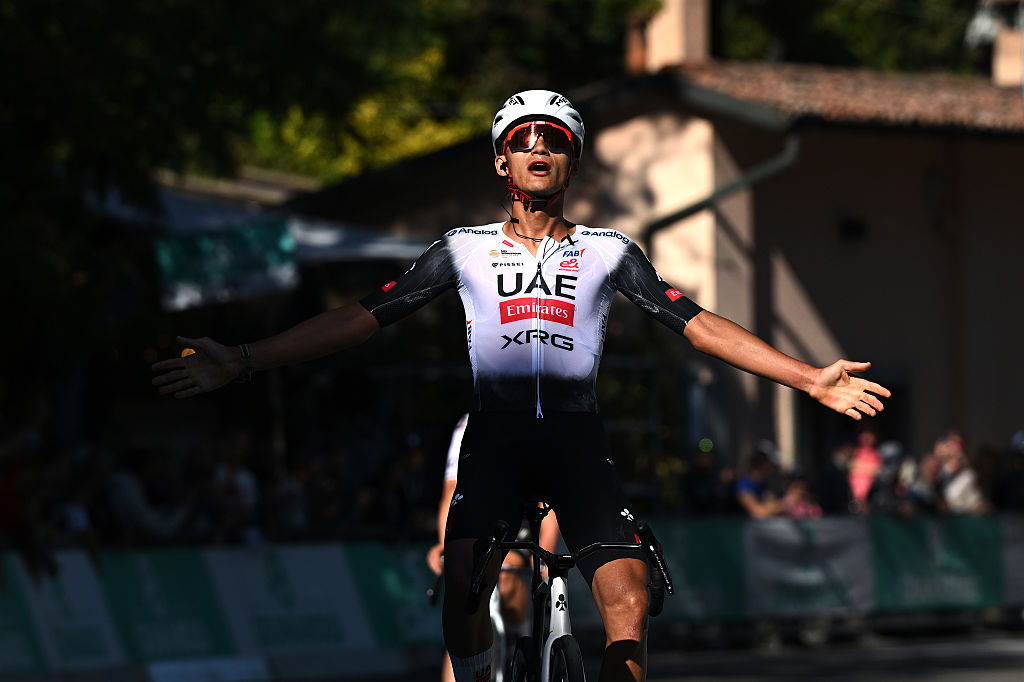 SAN LUCA, ITALY - OCTOBER 04: Isaac Del Toro of Mexico and UAE Team Emirates celebrates at finish line as race winner during the 108th Giro dell&amp;apos;Emilia 2025 a 199.2km one day race from Mirandola to San Luca on October 04, 2025 in San Luca, Italy. (Photo by Dario Belingheri/Getty Images)