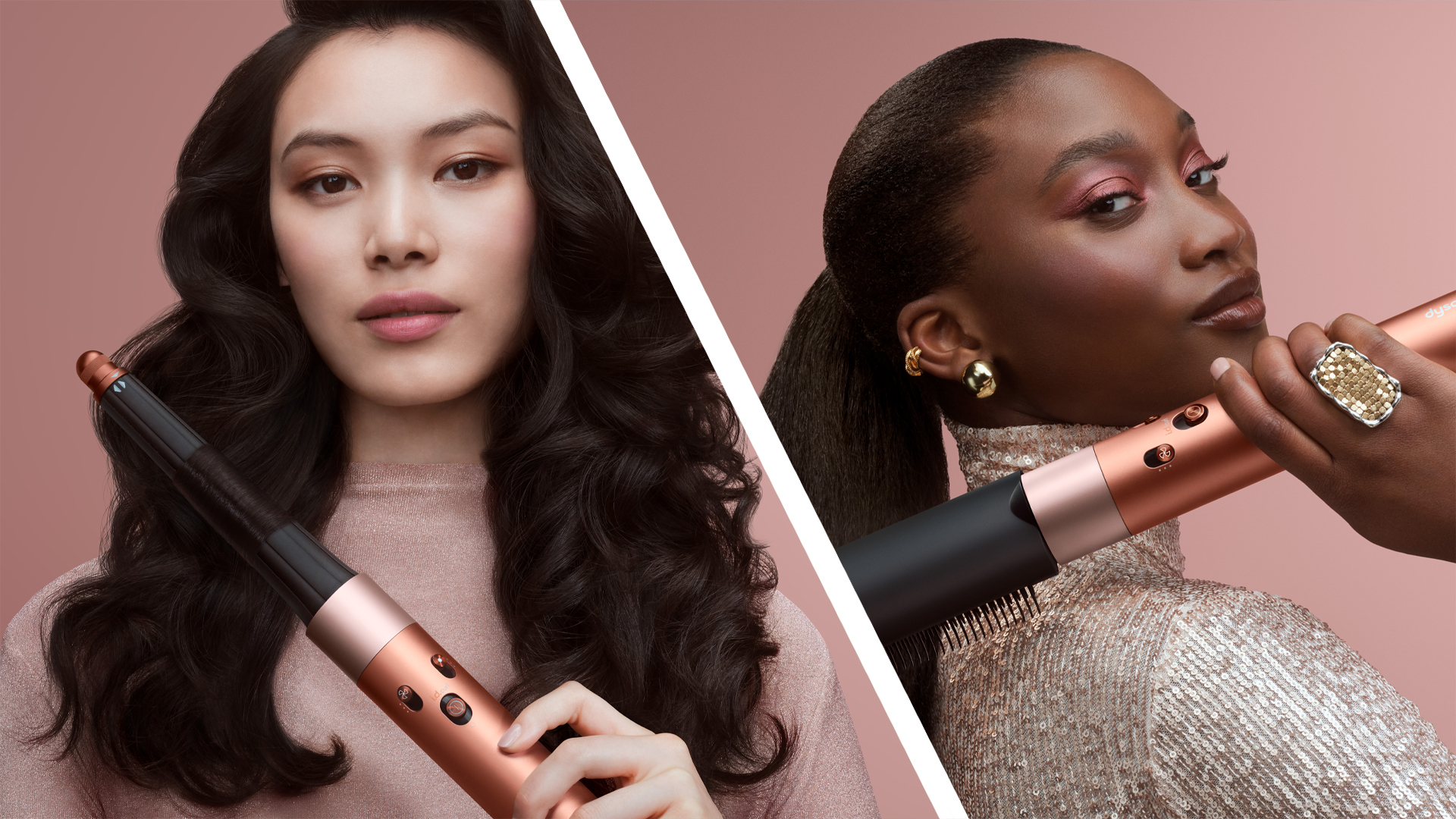 Woman using Dyson hair styler in Amber Silk colorway